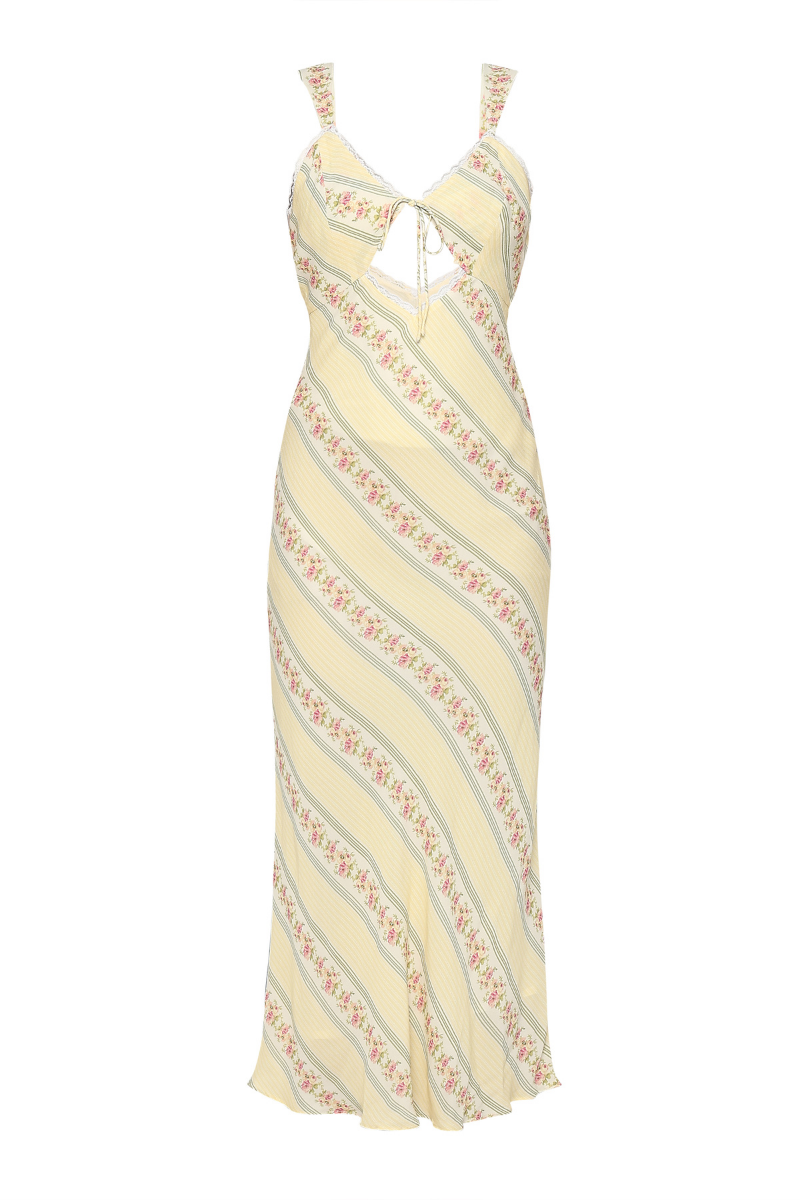 Summer Away floral maxi dress with a flowing silhouette featuring a vibrant floral trail pattern.