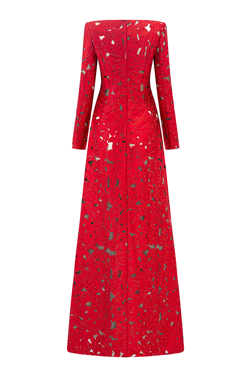LONG SLEEVES BOAT NECK FLORAL LASERCUT DRESS - CULT MIA