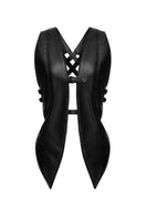 Black leather Vaska jacket with belt, stylish men's vest featuring a sleek design and a buckle belt detail.