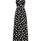 Valenciani black sweetheart neck spaghetti strap maxi dress with flowing fabric and fitted waist, perfect for elegant occasions.