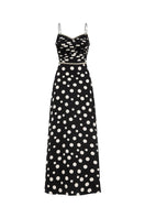 Valenciani black sweetheart neck spaghetti strap maxi dress with flowing fabric and fitted waist, perfect for elegant occasions.