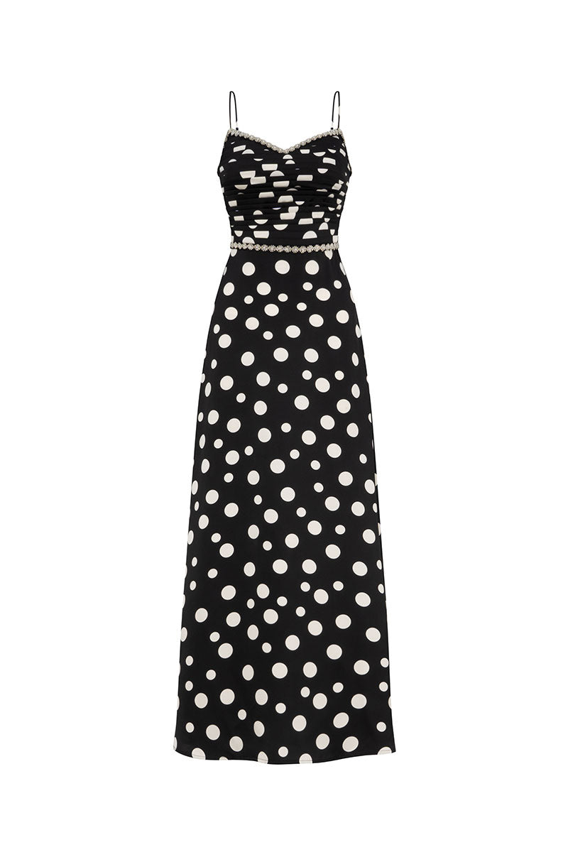 Valenciani black sweetheart neck spaghetti strap maxi dress with flowing fabric and fitted waist, perfect for elegant occasions.
