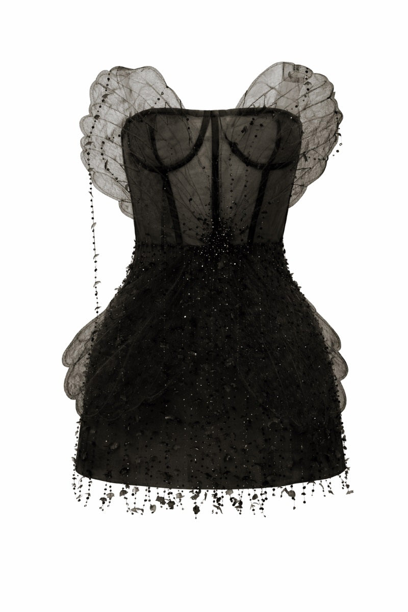 Black Sabrina lace and tulle mini dress by 21Six, featuring intricate lace details and a stylish tulle overlay.