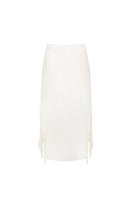 Aidan & Ice Amira midi skirt in cream, flowing midi-length skirt with a smooth fabric and subtle pleats, displayed on a hanger.