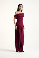 Deme by Gabriella Cassidy maxi dress in aubergine, flowing fabric with a stylish, elegant design perfect for formal occasions.