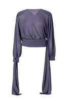 Purple Kris Marán blouse with ties and back collar, stylish shirt featuring a relaxed fit and elegant design.