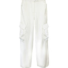 White Kris Marán silky cargo pants with a relaxed fit and multiple pockets, showcased on a model.