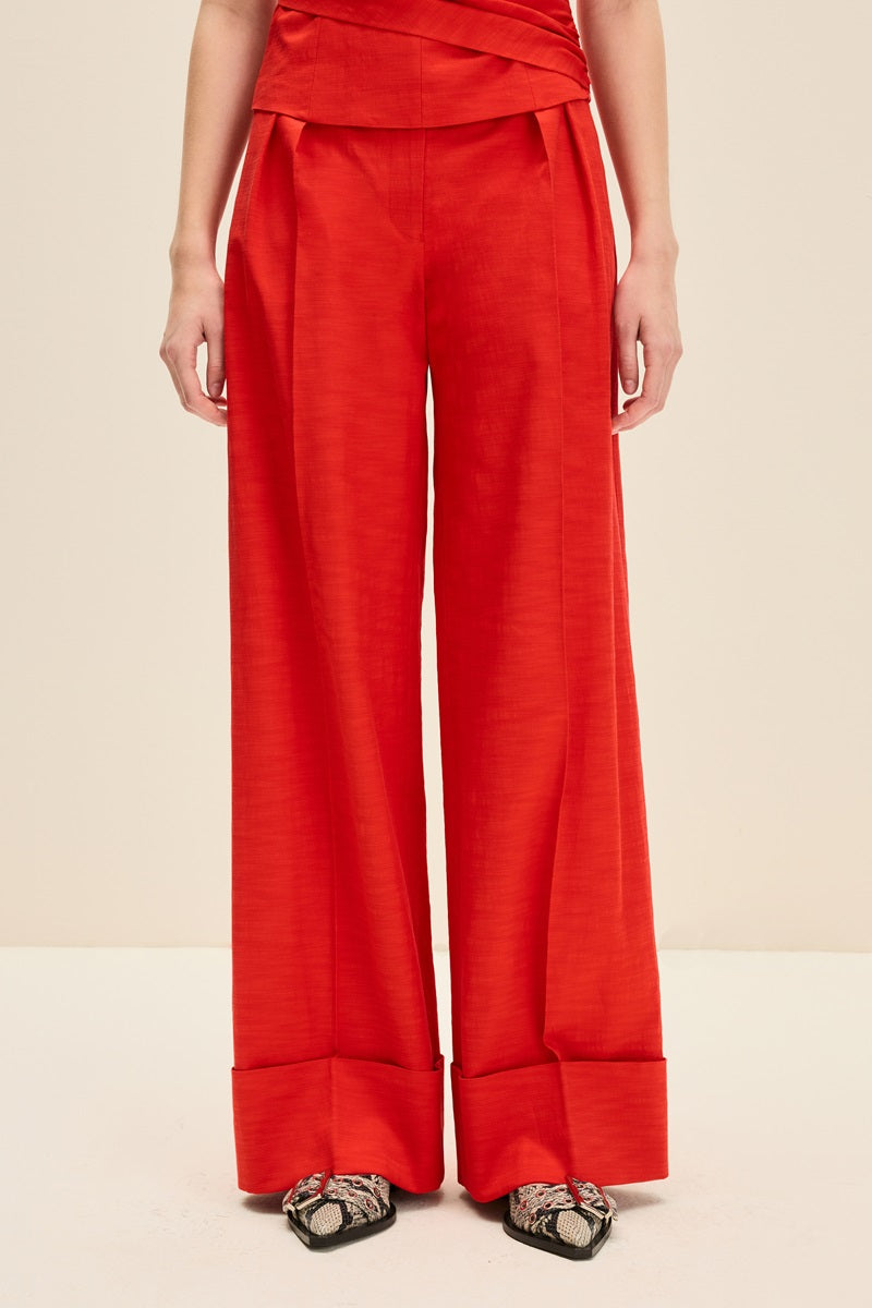 WIDE-LEG CUFFED PANTS IN CHERRY RED - CULT MIA