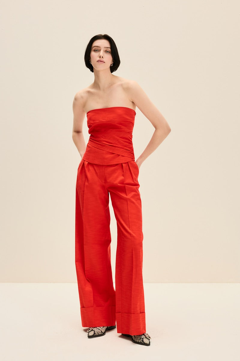 WIDE-LEG CUFFED PANTS IN CHERRY RED - CULT MIA