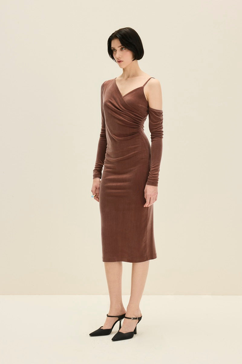ASYMMETRIC CUPRO DRESS IN CHOCOLATE BROWN - CULT MIA