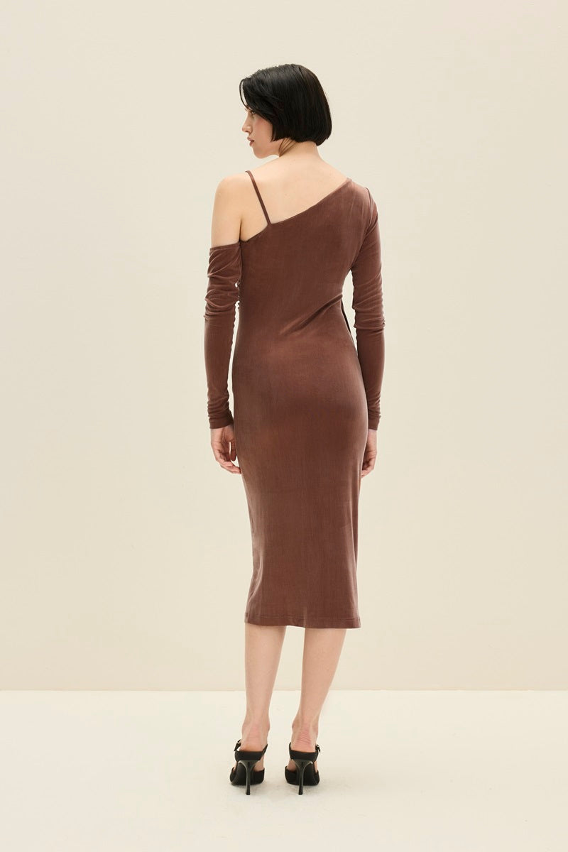 ASYMMETRIC CUPRO DRESS IN CHOCOLATE BROWN - CULT MIA