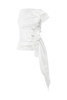 Lecia hibiscus bodycon organza top with floral appliqué, featuring a fitted design and elegant sheer fabric.
