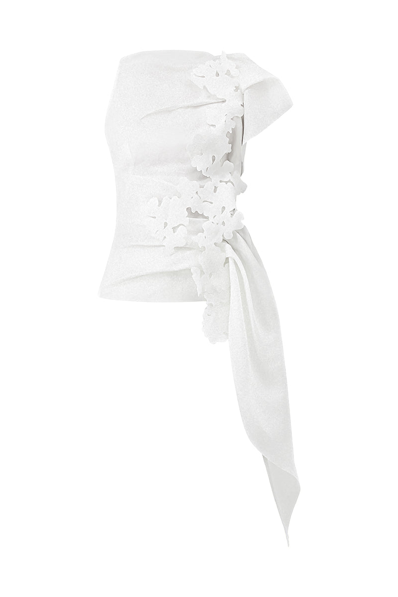 Lecia hibiscus bodycon organza top with floral appliqué, featuring a fitted design and elegant sheer fabric.