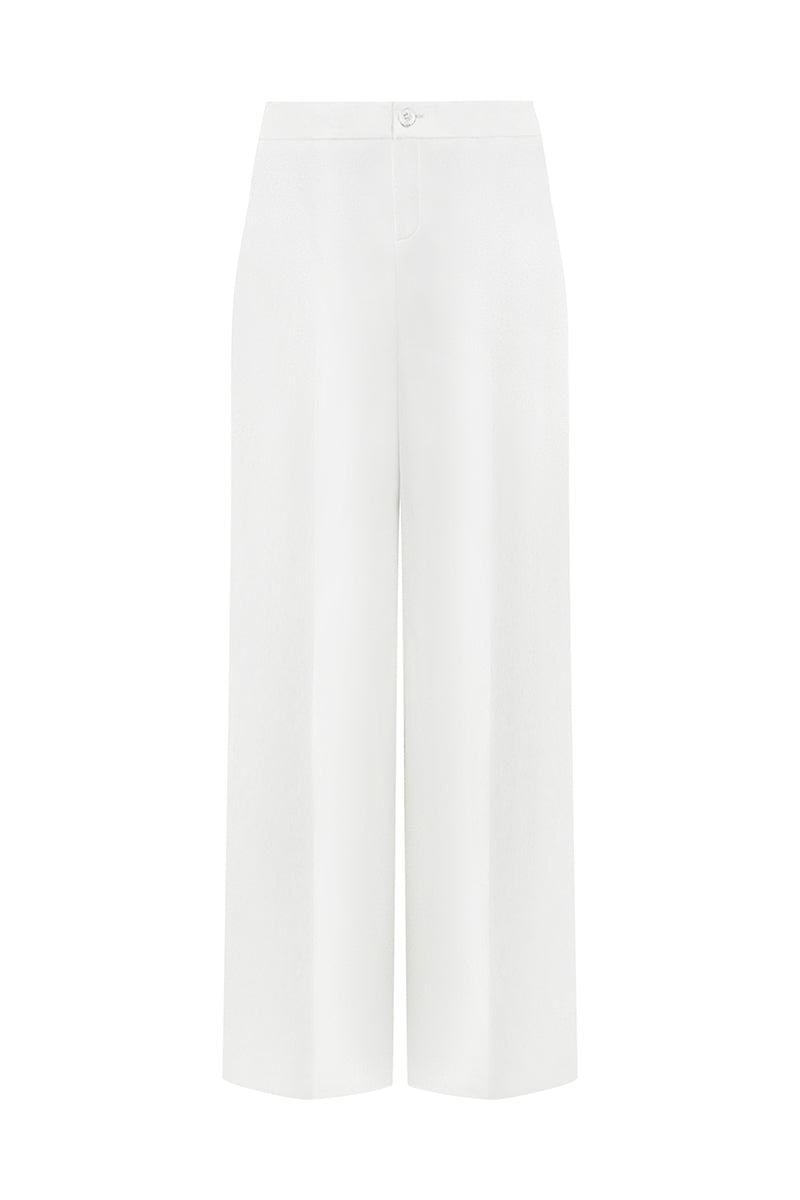 Lecia hibiscus straight wide-leg twill floor-length pants displayed on a model in a fashion lookbook shot.