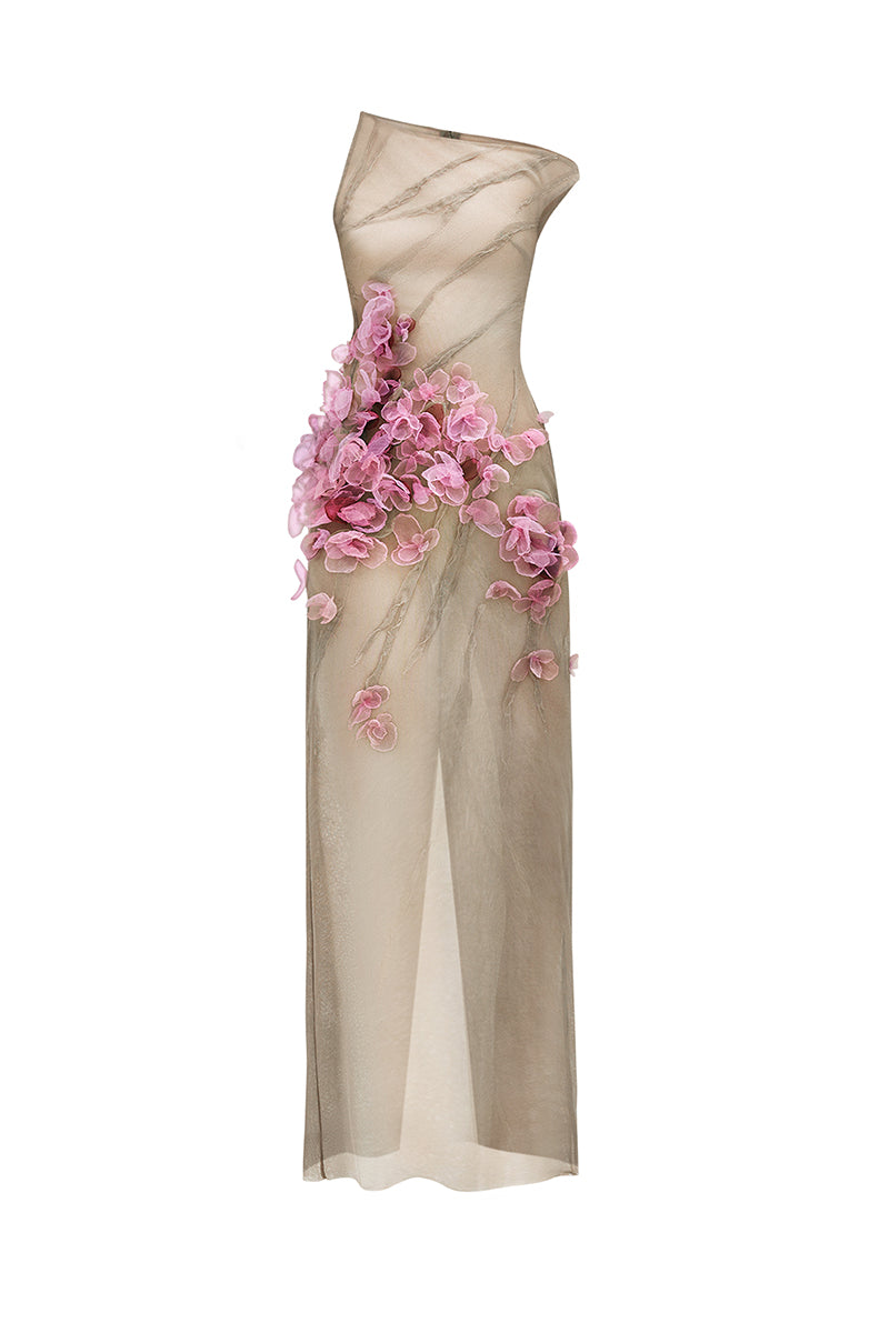 BLOSSOM SHEATH DIAGONAL NECK TULLE FLOOR LENGTH DRESS - CULT MIA