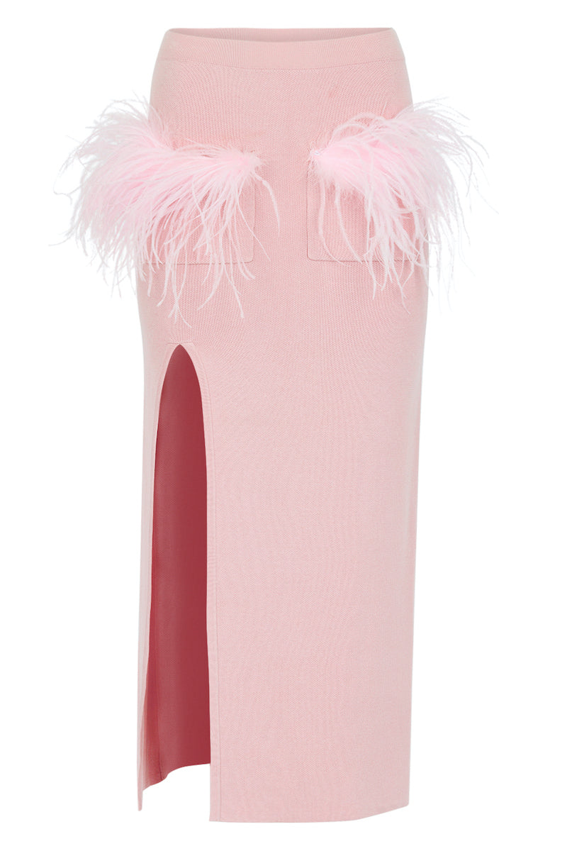 Pink vanilla knit midi skirt with feather details from Andreeva, featuring a soft texture and elegant, flowing design.