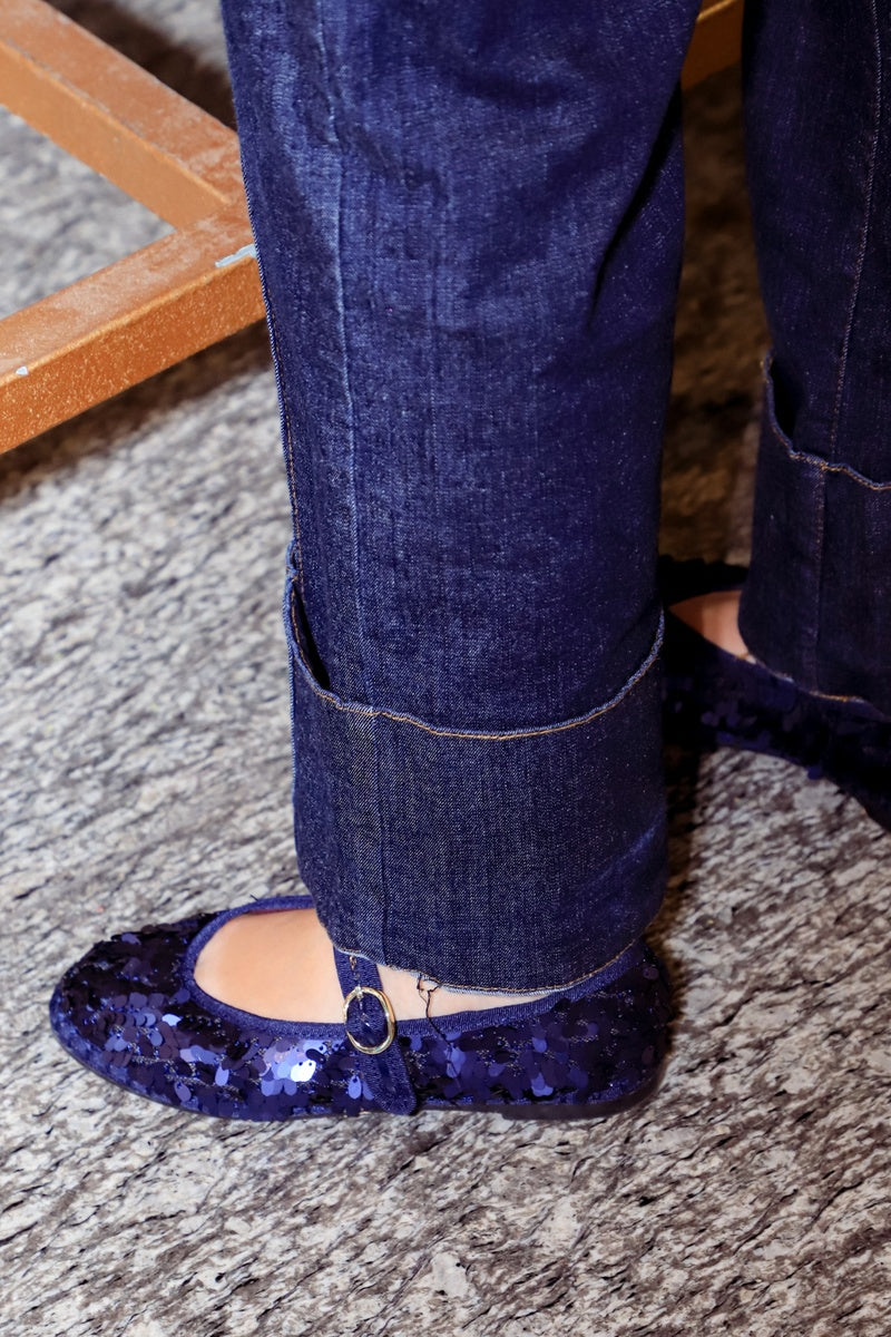Flabelus Pierre Sequin Navy Flats with shimmering sequins and pointed toe, stylish and comfortable for casual or dressy occasions.