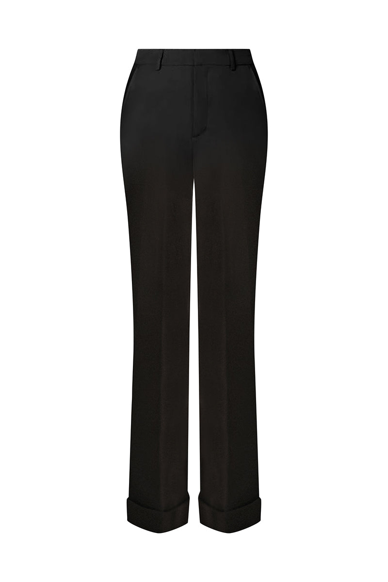 Black straight pants by Lecia, showcasing a sleek fit and classic style, with visible waistband and tailored design.