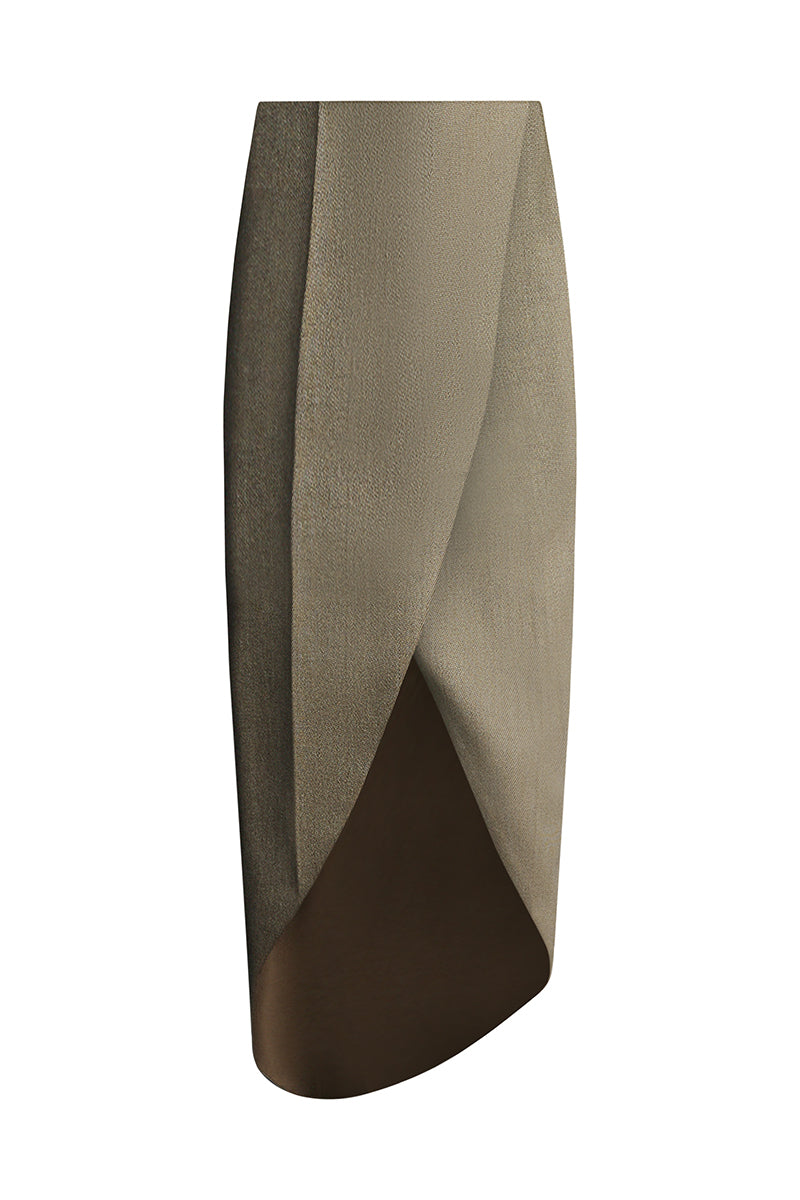 Lecia tailored midi skirt in a sleek, fitted design with a high waist and midi length, shown in a neutral fabric with subtle stitching details.