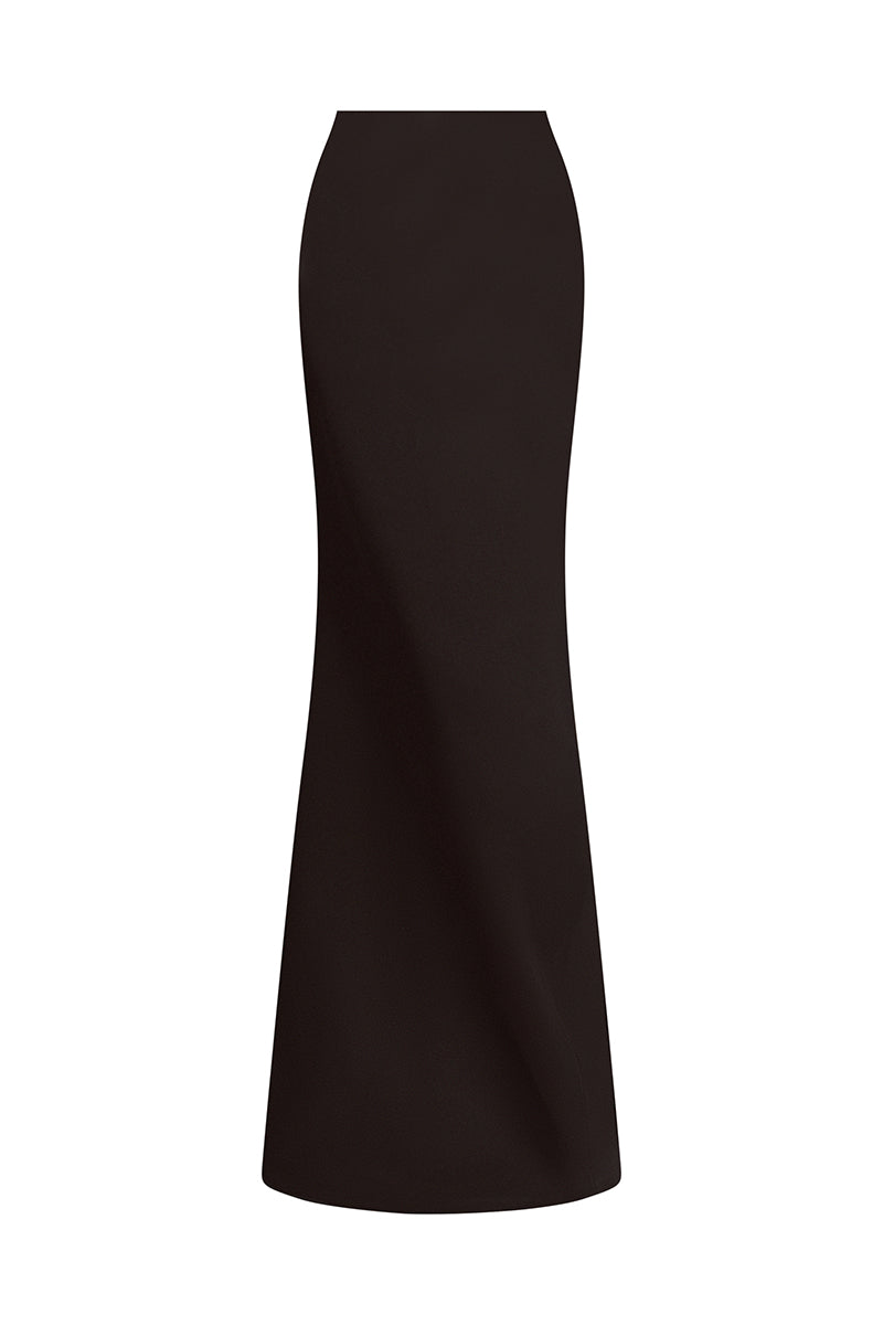 Black long pencil skirt by Lecia, maxi skirt style, shown with a fitted silhouette and smooth fabric.