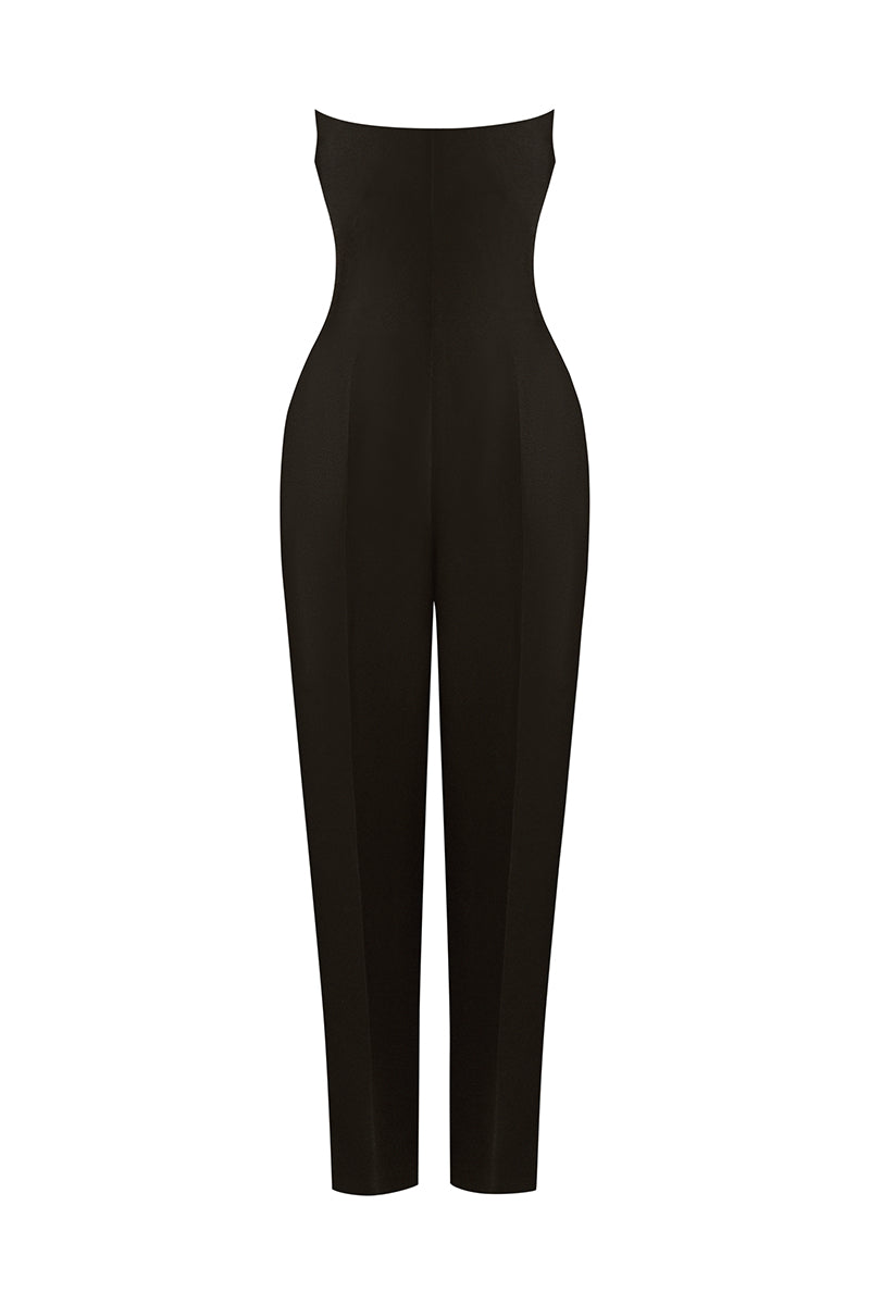 Lecia off-shoulder taffeta jumpsuit with a fitted bodice and wide-leg pants, elegant and stylish for formal occasions.