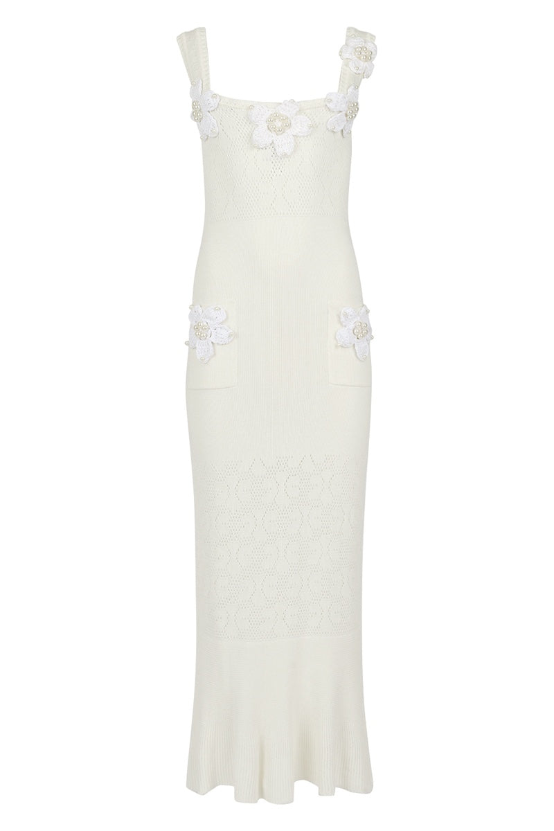 WHITE VANILLA KNIT DRESS WITH HANDMADE EMBROIDERY - CULT MIA