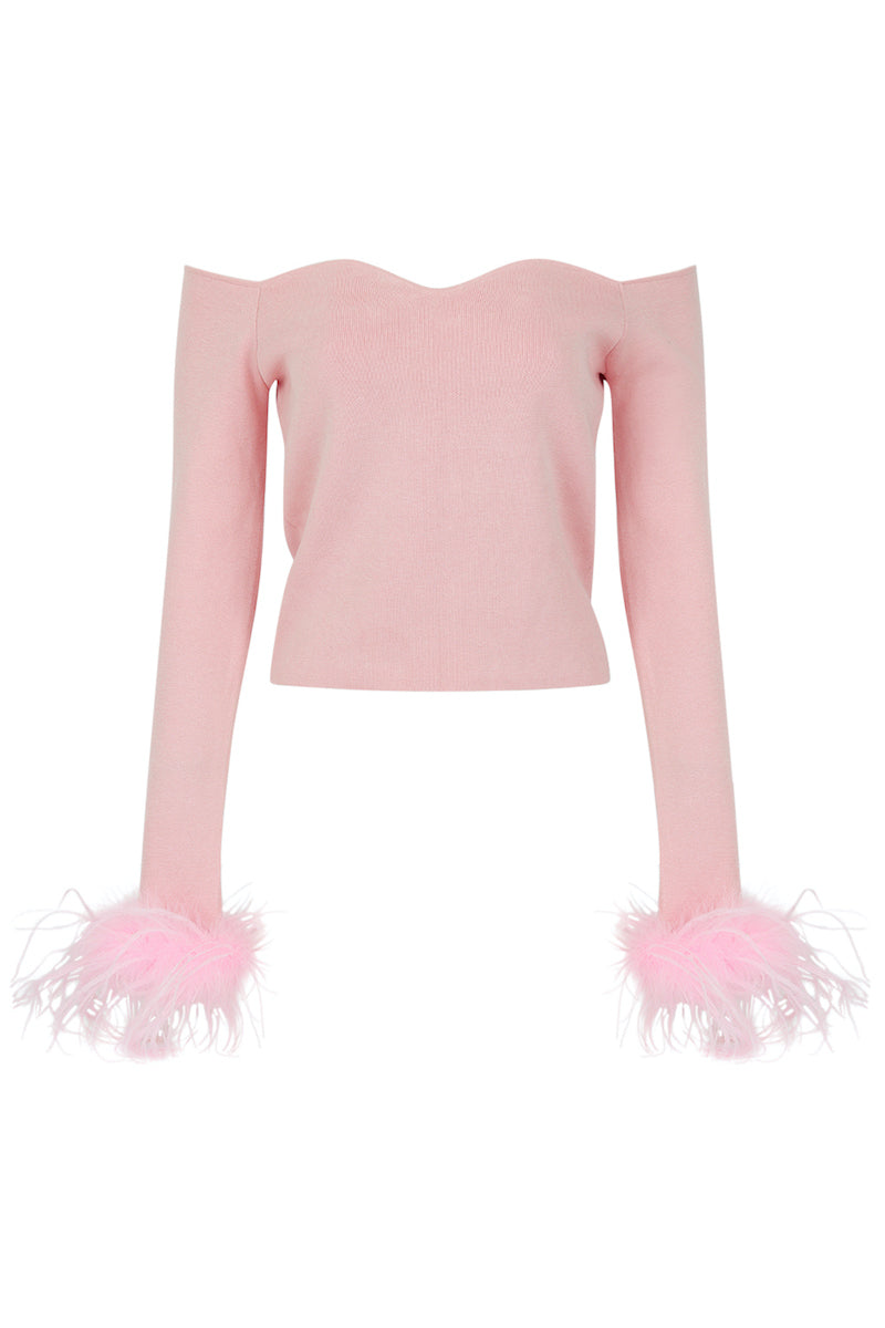 PINK VANILLA KNIT TOP WITH DETACHABLE FEATHER CUFFS - CULT MIA