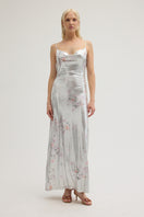 Maccapani ITA Dress laminated silver butterfly maxi dress with flowing fabric and elegant design, perfect for formal occasions.