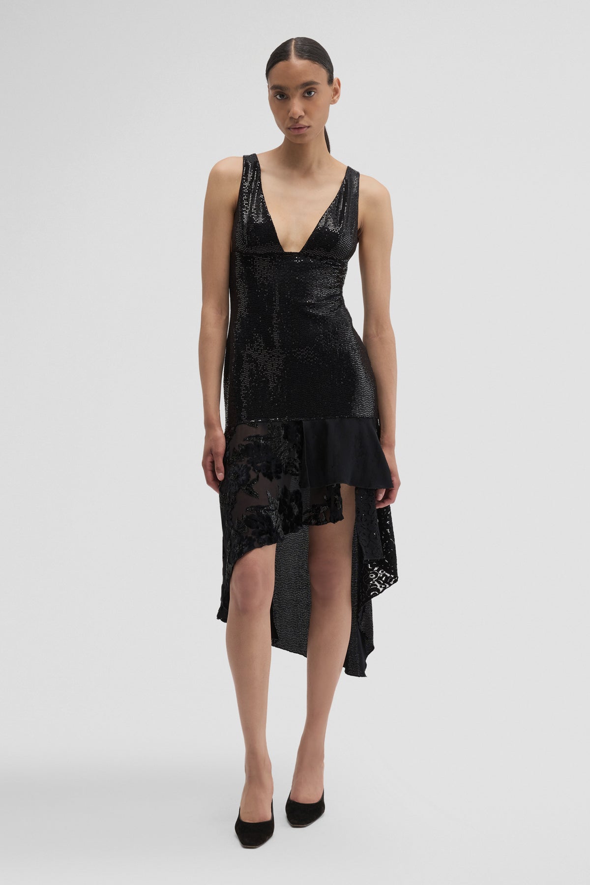 Black Maccapani Katie midi dress with a fitted waist and elegant silhouette, shown on a model.