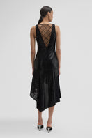 Black midi dress by Maccapani featuring a sleek, fitted design with elegant detailing, perfect for stylish occasions.