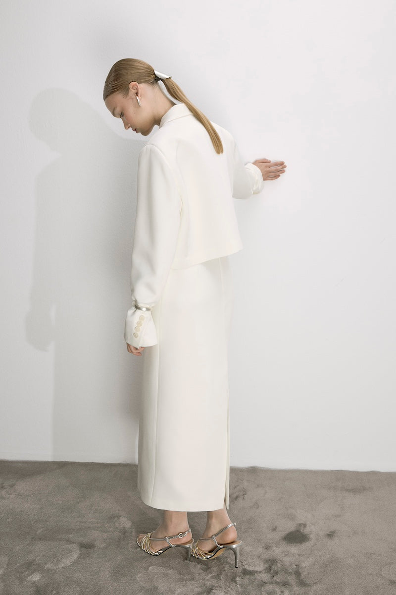 Nazlı Ceren vanilla ice satin cropped jacket with a sleek, shiny finish and fitted design, perfect for stylish layered looks.