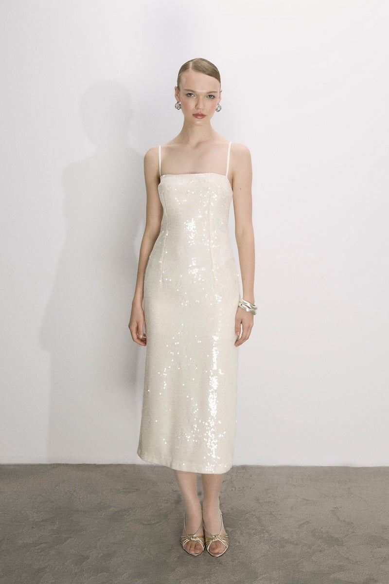 Nazlı Ceren Miles Sequin Dress in Cloud Cream, a midi dress with shimmering sequins and a elegant silhouette, perfect for special occasions.