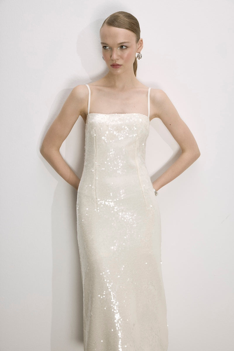 Nazlı Ceren Miles Sequin Dress in Cloud Cream, elegant midi dress with shimmering sequins and flowing silhouette.