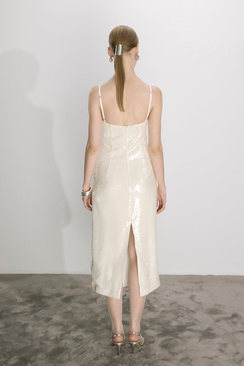 Nazlı Ceren Miles sequin midi dress in cloud cream with shimmering sequins and elegant design, perfect for special occasions.