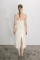 Nazlı Ceren Miles Sequin Dress in Cloud Cream, midi dress with shimmering sequins and elegant silhouette, shown on a model.