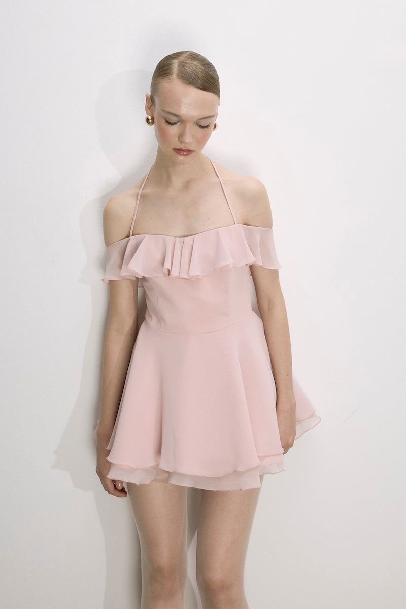 Nazlı Ceren Evie Mini Dress in Tender Peach, lightweight sleeveless dress with a flowy silhouette, perfect for summer.