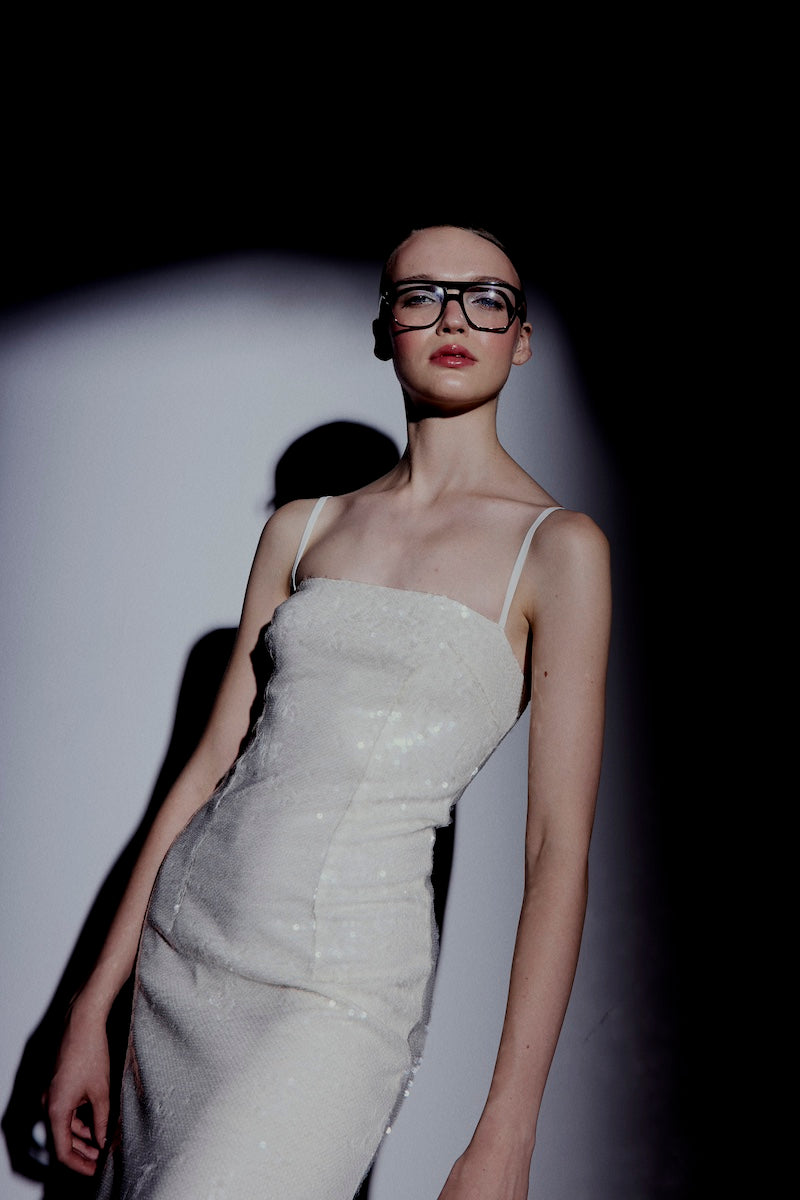 Nazlı Ceren Miles sequin midi dress in cloud cream, with shimmering sequins and elegant silhouette, perfect for special occasions.