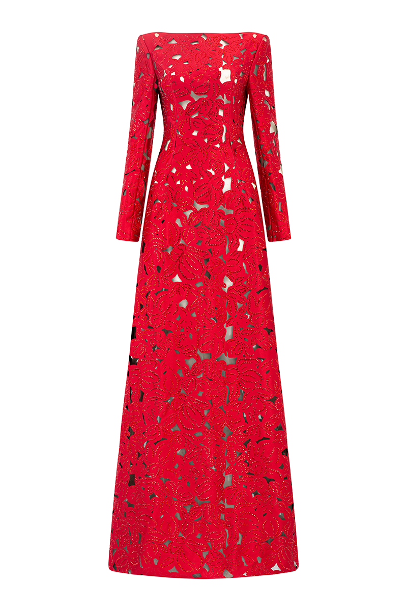 LONG SLEEVES BOAT NECK FLORAL LASERCUT DRESS - CULT MIA