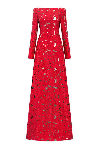 Tracy Studio LONG SLEEVES BOAT NECK FLORAL LASERCUT DRESS