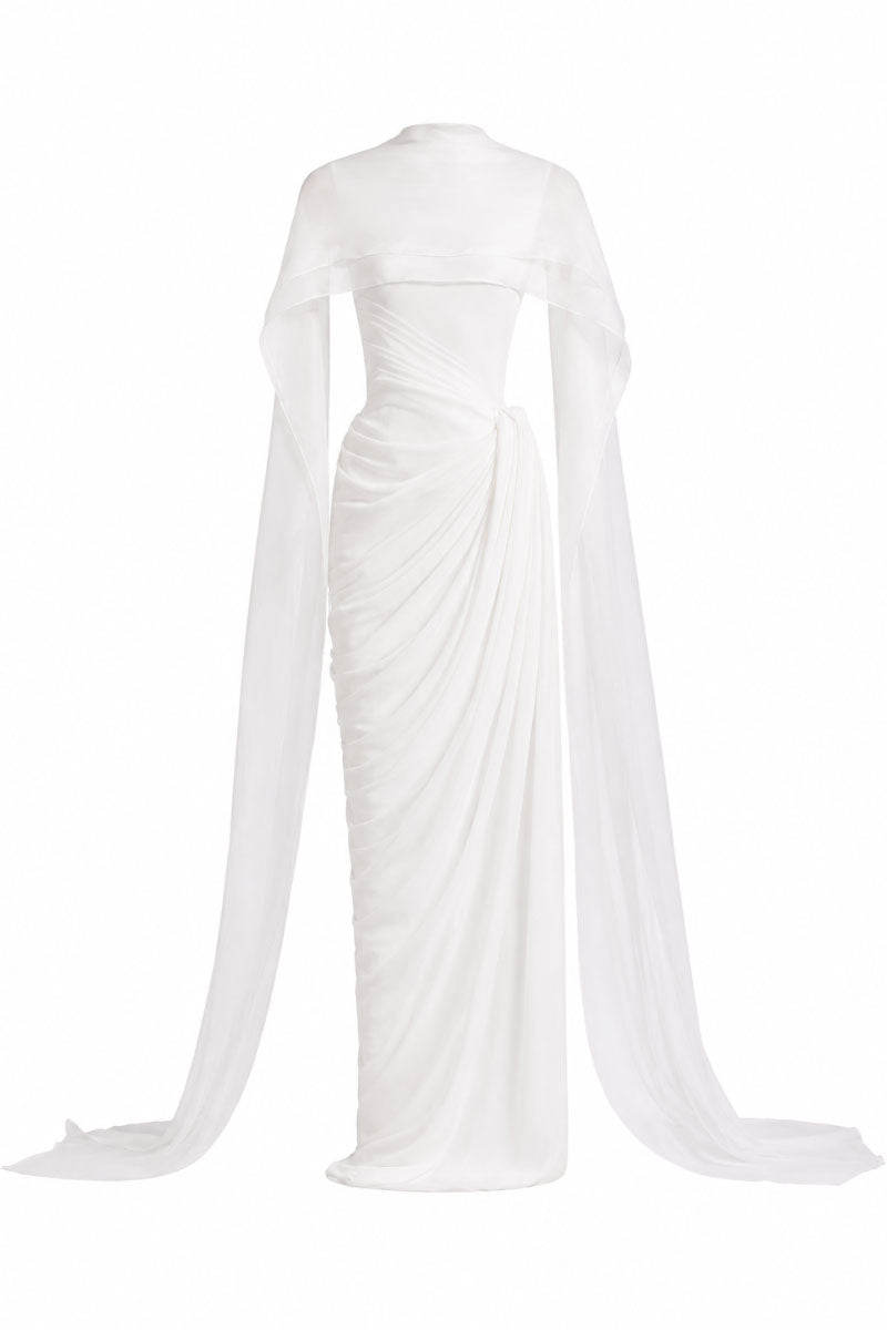 White Plan Regent gown, elegant women's formal dress with flowing fabric and intricate detailing, perfect for special occasions.