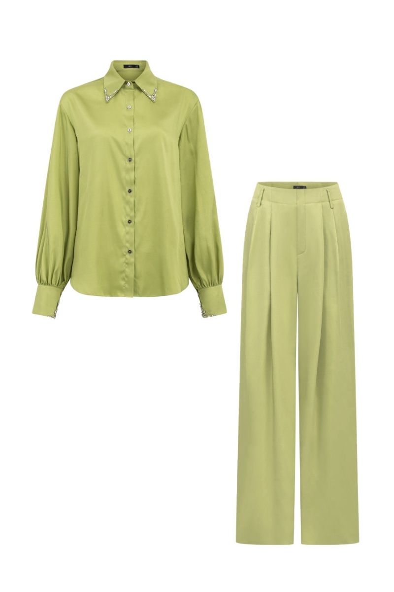 FARAH LIME GREEN SILK SATIN CRYSTAL SHIRT AND PANTS SET - CULT MIA