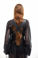 Black leather vest with belt, Vaska jacket featuring a stylish fit and smooth leather texture, shown on a plain background.