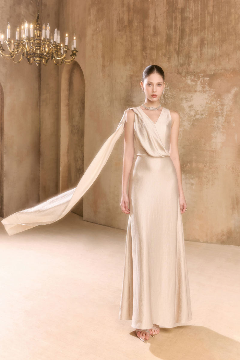 Arti Apparel ARISA Maxi Dress in flowing fabric with a fitted waist and elegant design, displayed on a hanger.