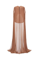 Brown chiffon top with matching cape from CEM, featuring lightweight fabric and elegant draping, perfect for stylish occasions.
