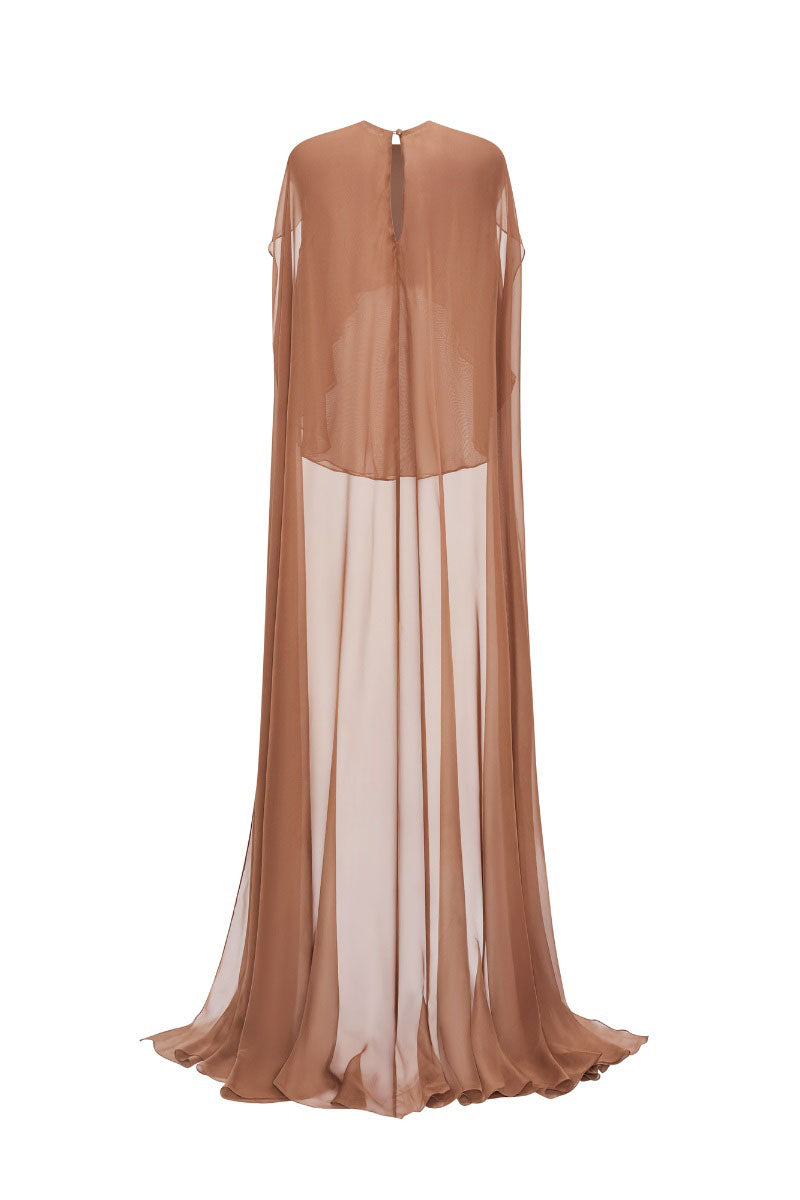 Brown chiffon top with matching cape from CEM, featuring lightweight fabric and elegant draping, perfect for stylish occasions.