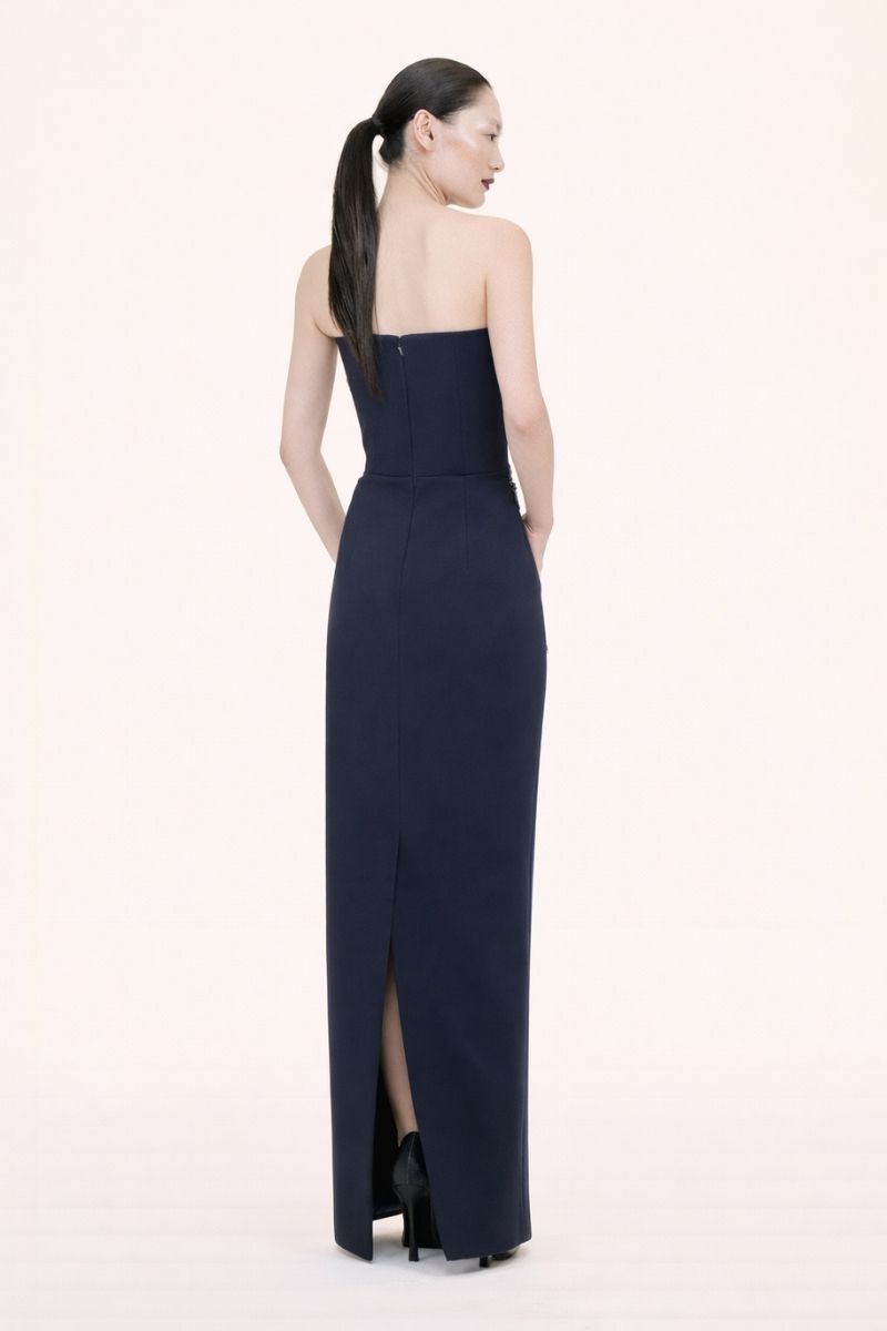 Nihan Peker Statua gown shown in elegant draped fabric with intricate detailing, perfect for formal occasions.