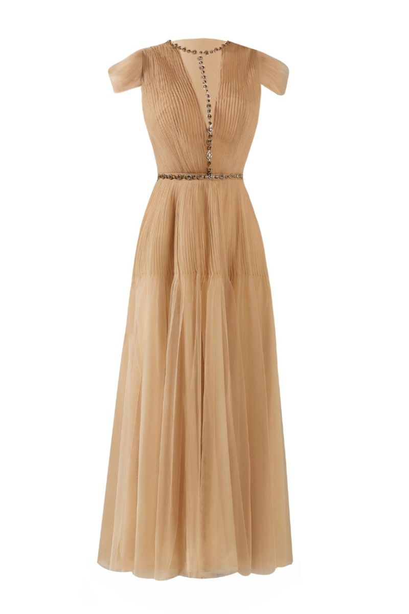 FLORENCE BROWN PLEATED MESH MIDI DRESS - CULT MIA