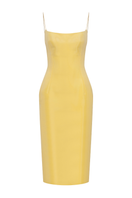 Sudi Etuz liquid organza sculpt midi dress with fitted bodice and flowing skirt, elegant evening wear in soft fabric.