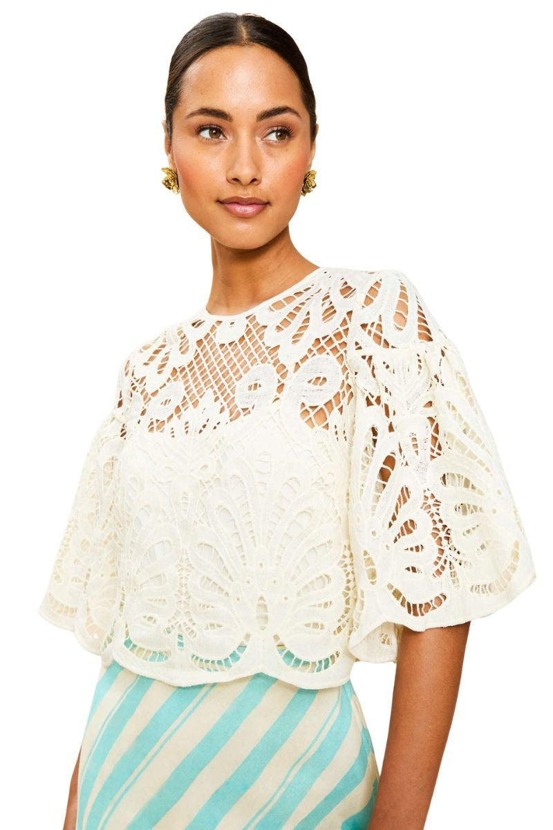 Ivory lace top by Mestiza New York, Mariananna lace top, featuring intricate lace details and a stylish fit.
