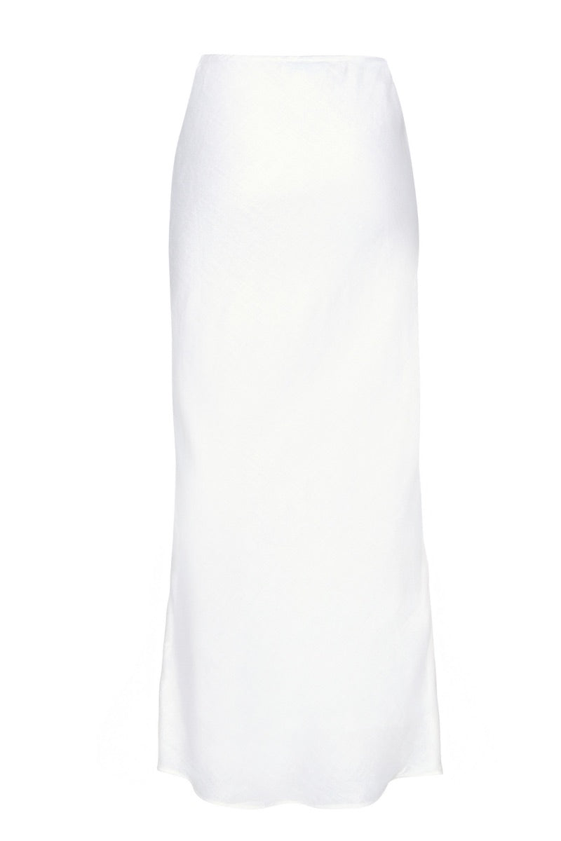 White Pierre maxi skirt by Summer Away, flowing fabric, high waist, and elegant design perfect for summer or casual wear.